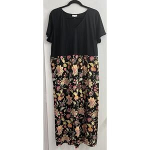 J Jill Short Sleeve Maxi Dress XL Petite Black Pink‎ Green Floral Artsy V Neck
